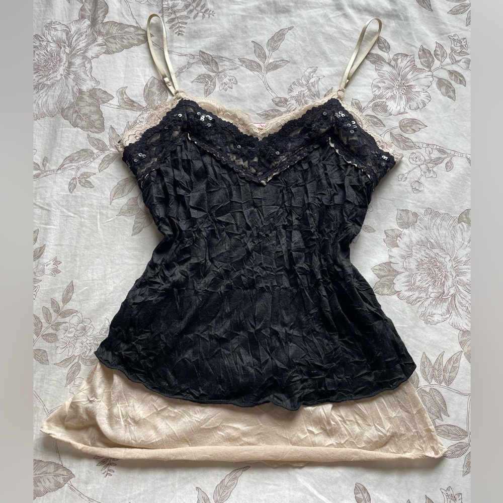 Y2K Black Cream Lace Sequin Trim Layered Tank Top Small Elena Gilbert Bella Swan